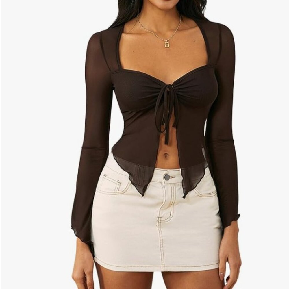 Women's Long Sleeve Front Tie Top Sexy Mesh Bell Sleeve Shirt